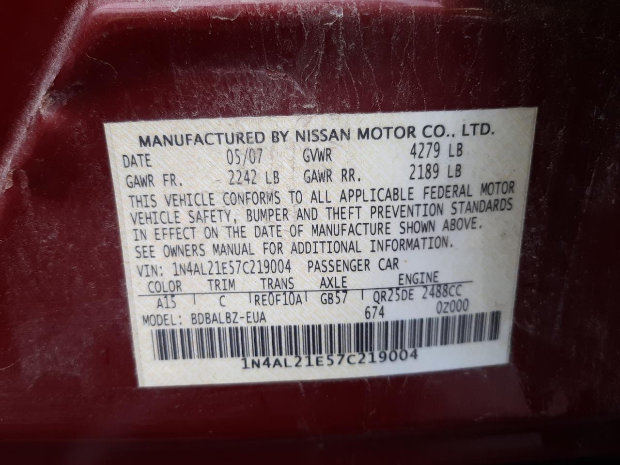 Photo 10 from auction – 2007 NISSAN ALTIMA 2.5 with VIN 1N4AL21E57C219004