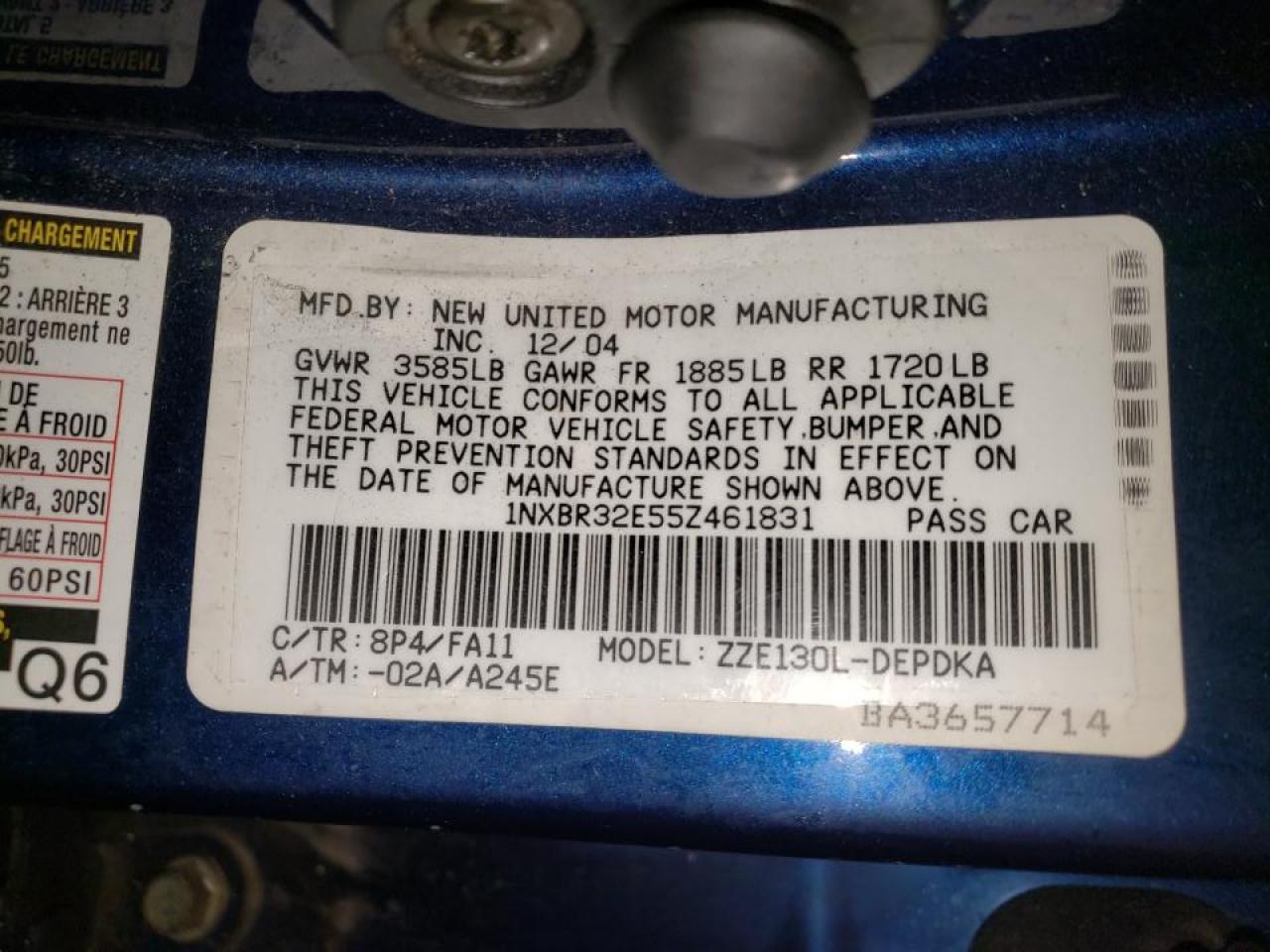 Photo 10 from auction – 2005 TOYOTA COROLLA CE with VIN 1NXBR32E55Z461831