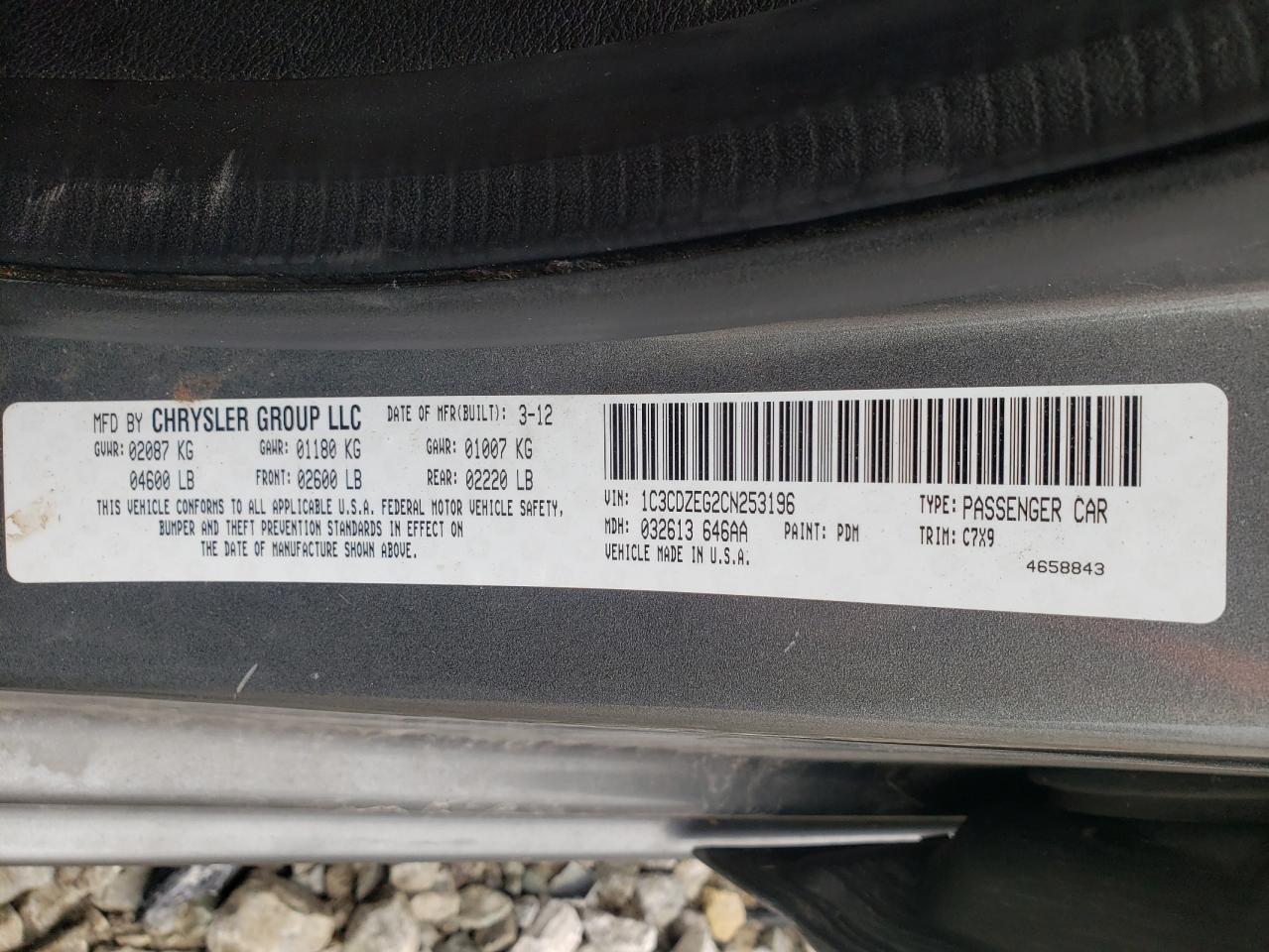 Foto 10 de la subasta – 2012 DODGE AVENGER SX con VIN 1C3CDZEG2CN253196