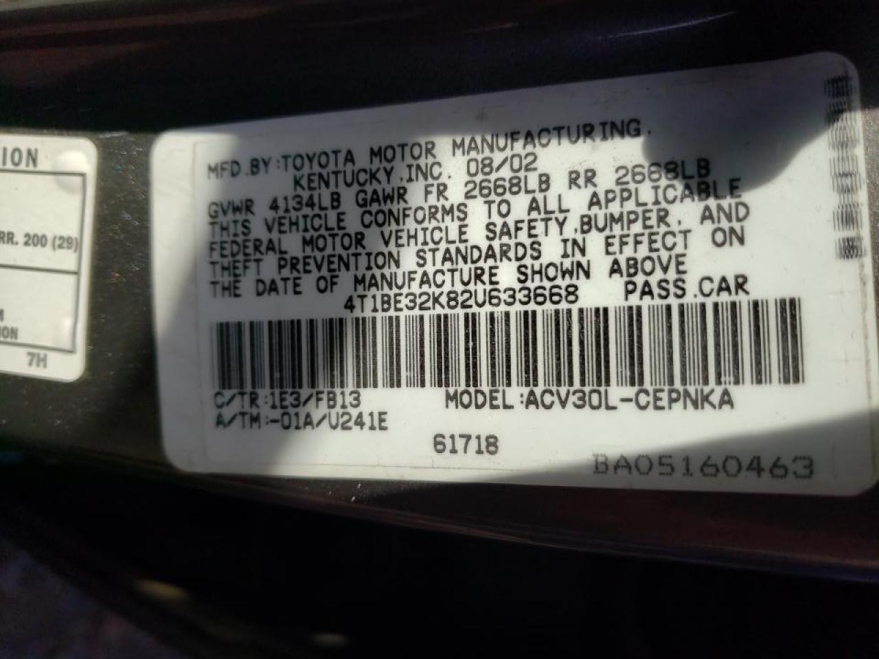 Photo 10 from auction – 2002 TOYOTA CAMRY LE with VIN 4T1BE32K82U633668