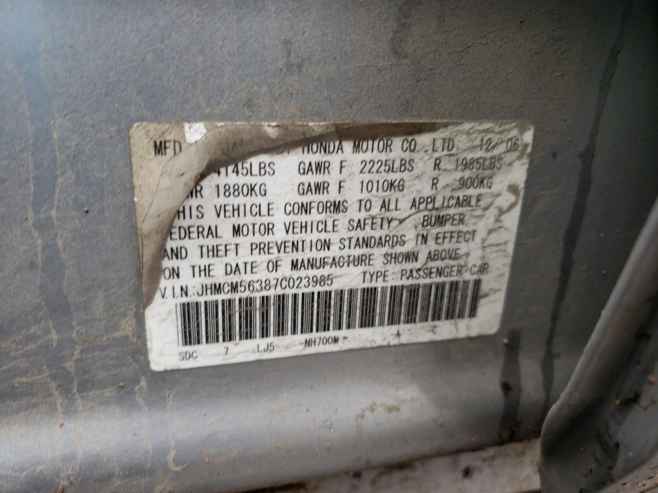Photo 10 from auction – 2007 HONDA ACCORD SE with VIN JHMCM56387C023985