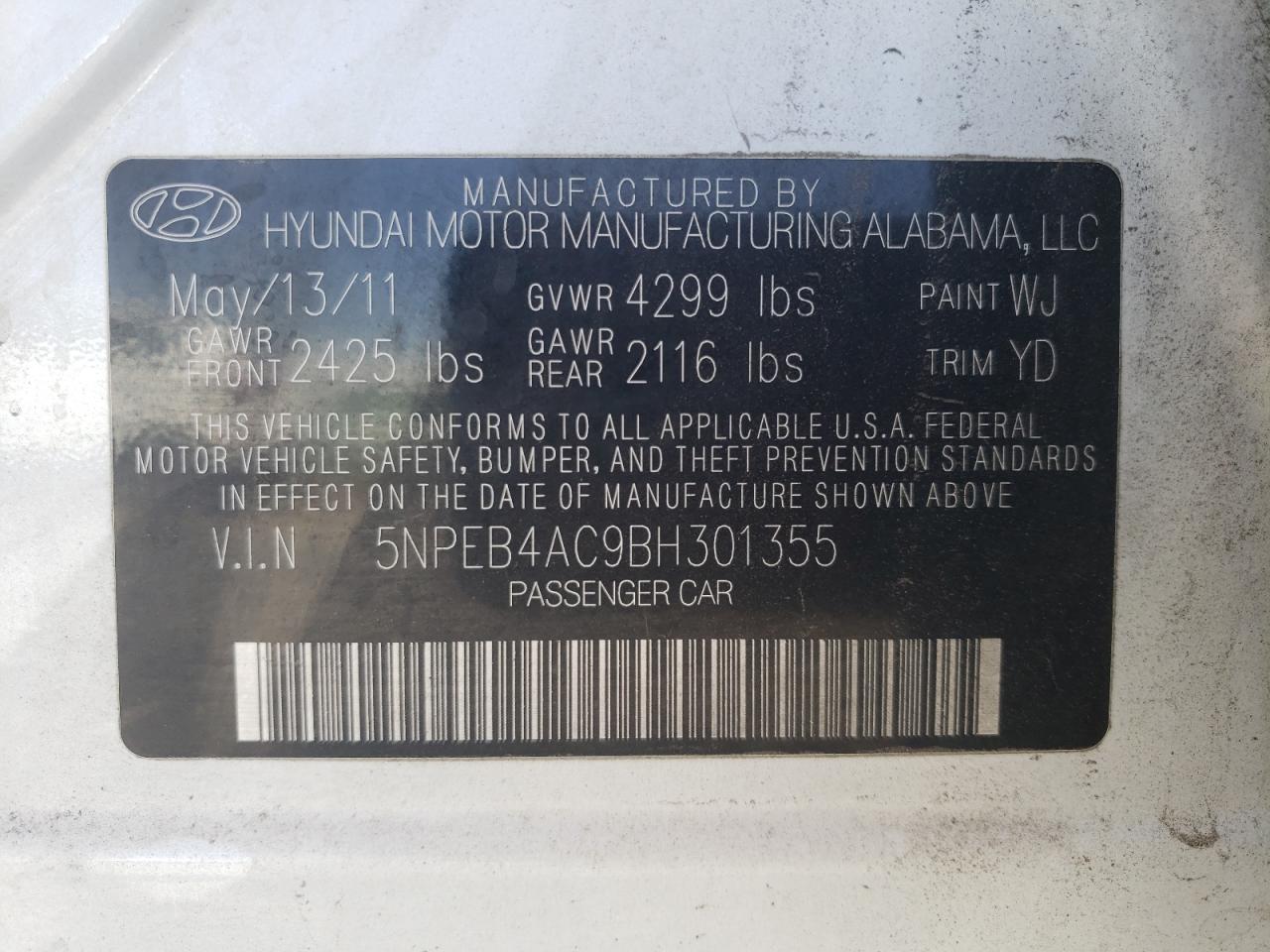 Photo 10 from auction – 2011 HYUNDAI SONATA GLS with VIN 5NPEB4AC9BH301355