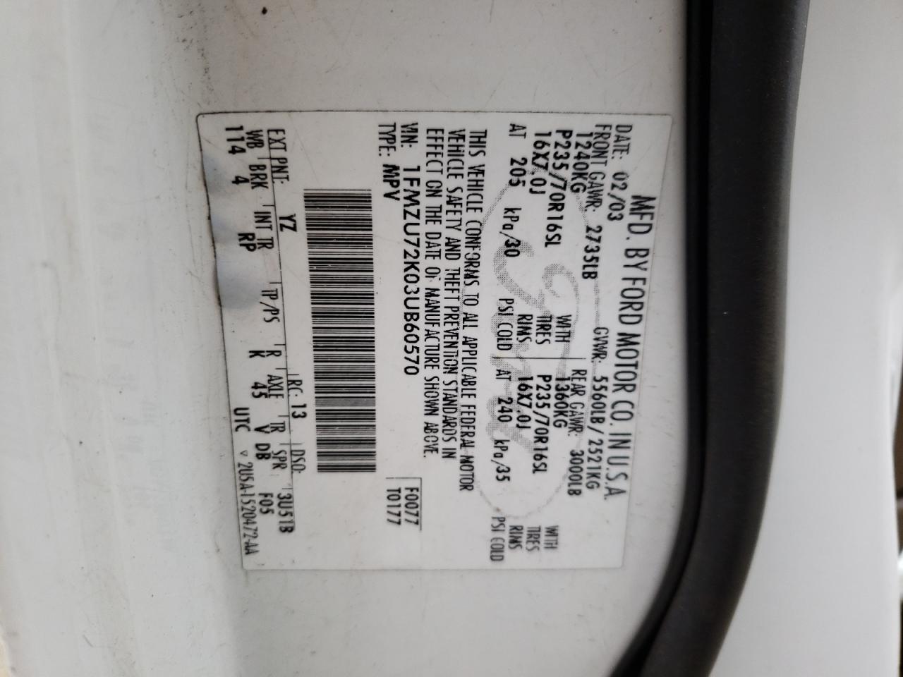 Photo 10 from auction – 2003 FORD EXPLORER S with VIN 1FMZU72K03UB60570