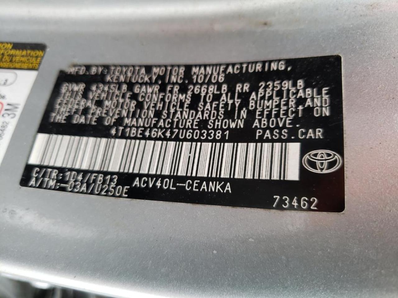 Photo 10 from auction – 2007 TOYOTA CAMRY CE with VIN 4T1BE46K47U603381