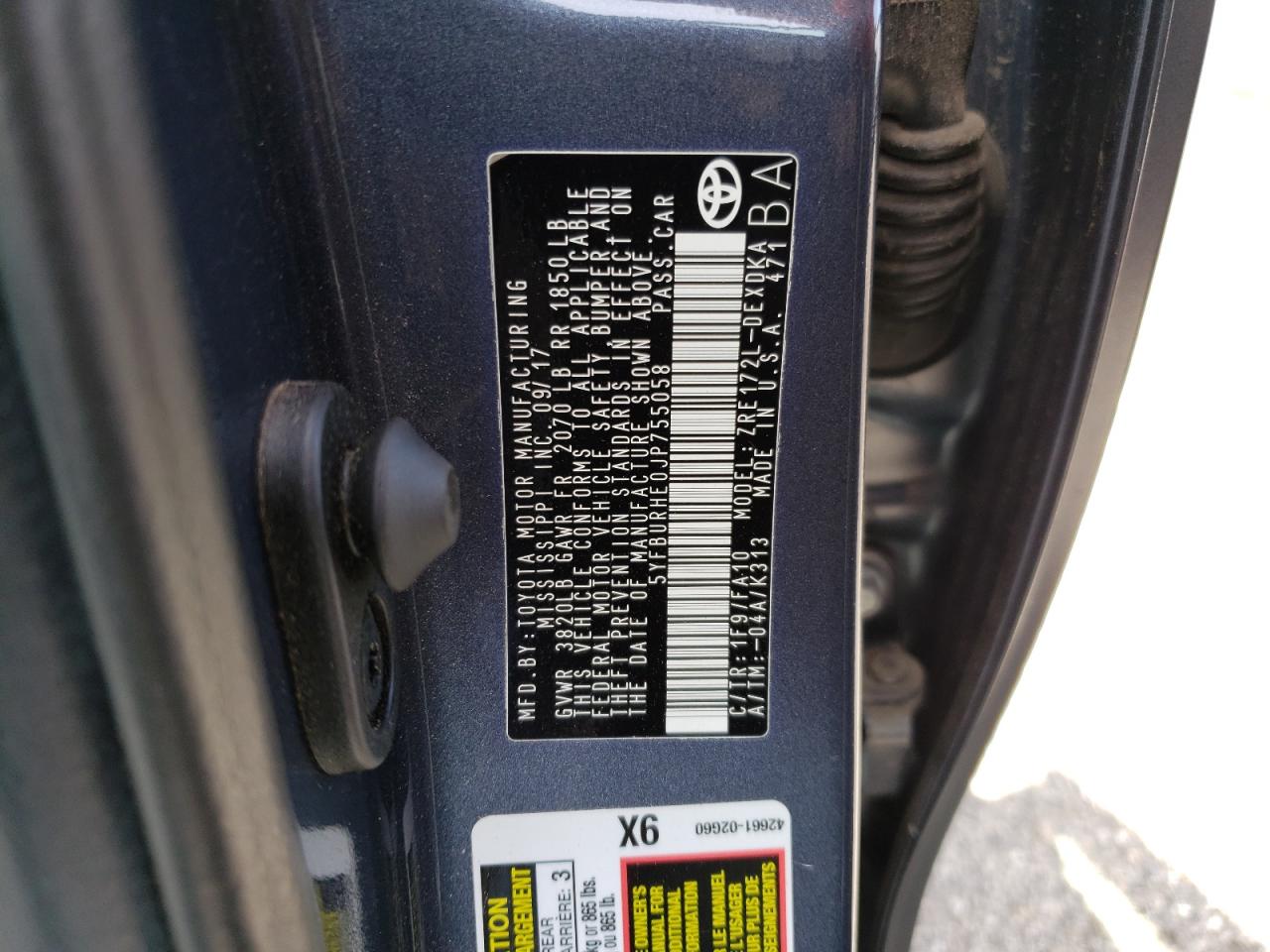 Photo 10 from auction – 2018 TOYOTA COROLLA L with VIN 5YFBURHE0JP755058