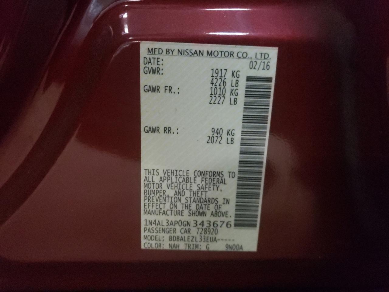 Photo 10 from auction – 2016 NISSAN ALTIMA 2.5 with VIN 1N4AL3AP0GN343676