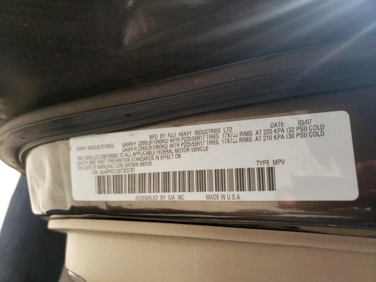 Photo 10 from auction – 2008 SUBARU OUTBACK 2. with VIN 4S4BP62C587303787