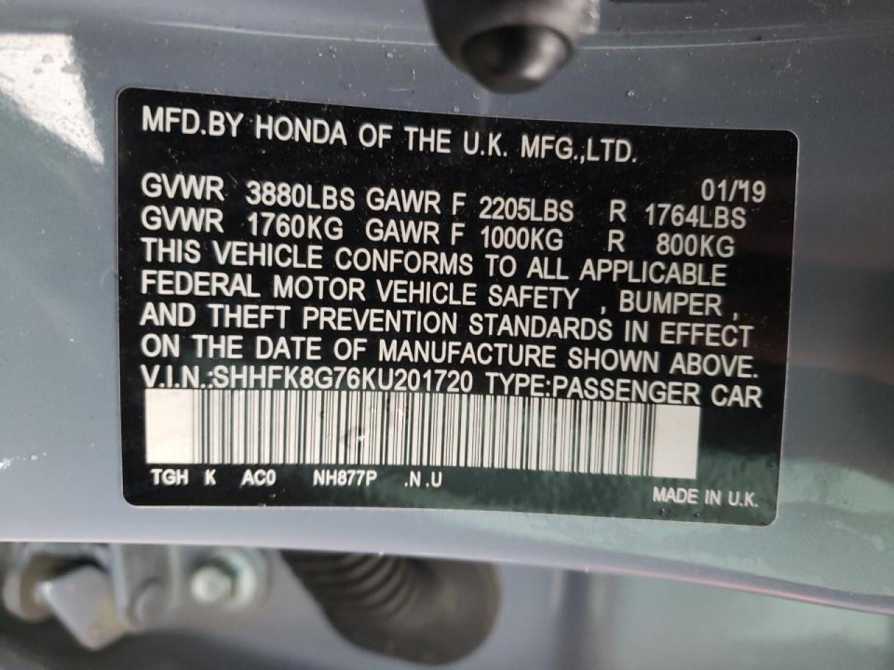 Photo 17 from auction – 2019 HONDA CIVIC TYPE with VIN SHHFK8G76KU201720