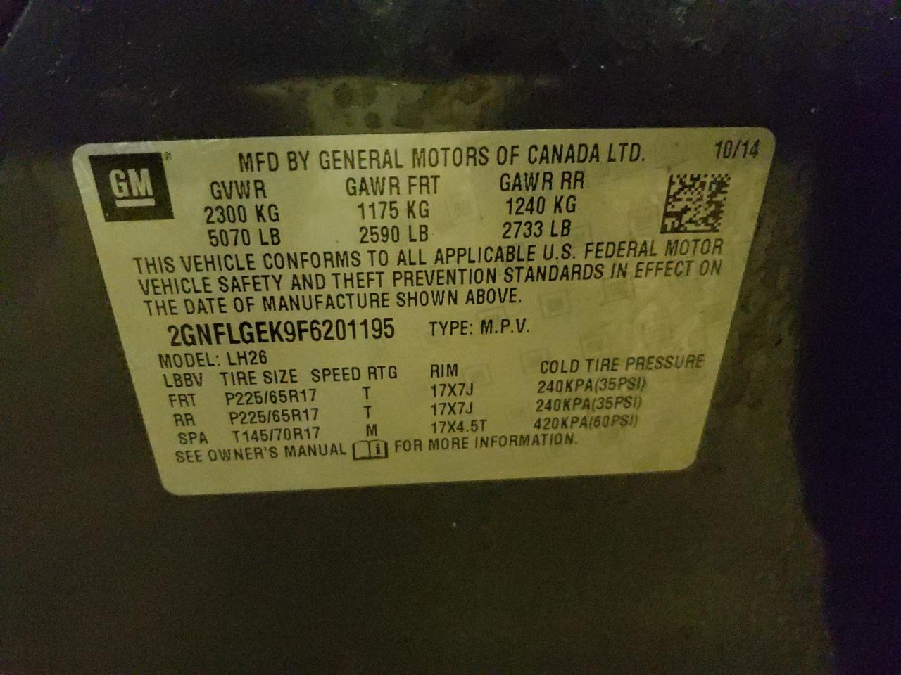 Photo 10 from auction – 2015 CHEVROLET EQUINOX LT with VIN 2GNFLGEK9F6201195