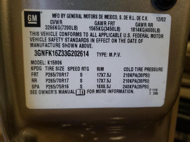 Photo 10 from auction – 2003 CHEVROLET SUBURBAN K with VIN 3GNFK16Z33G202614