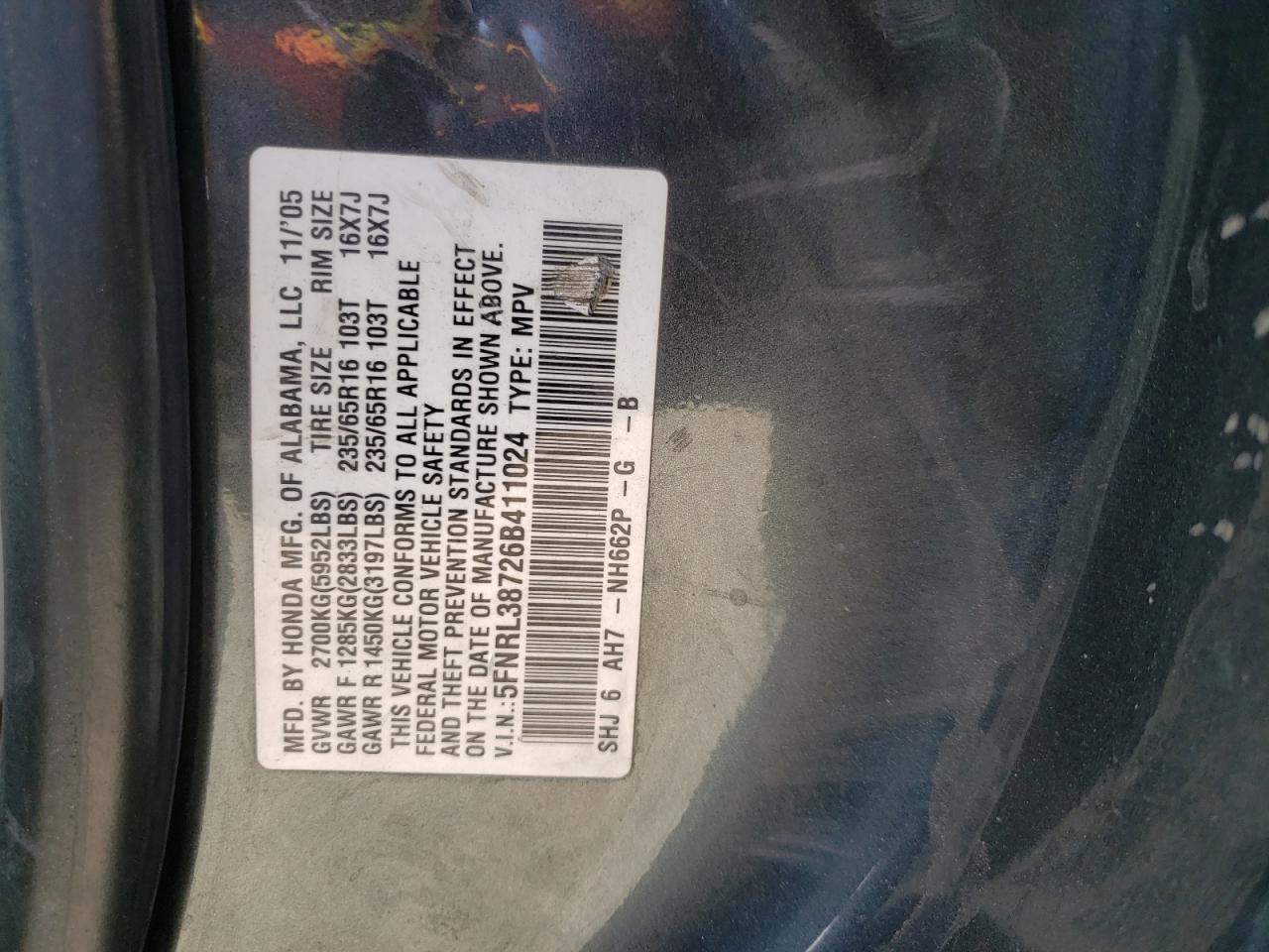 Photo 10 from auction – 2006 HONDA ODYSSEY EX with VIN 5FNRL38726B411024