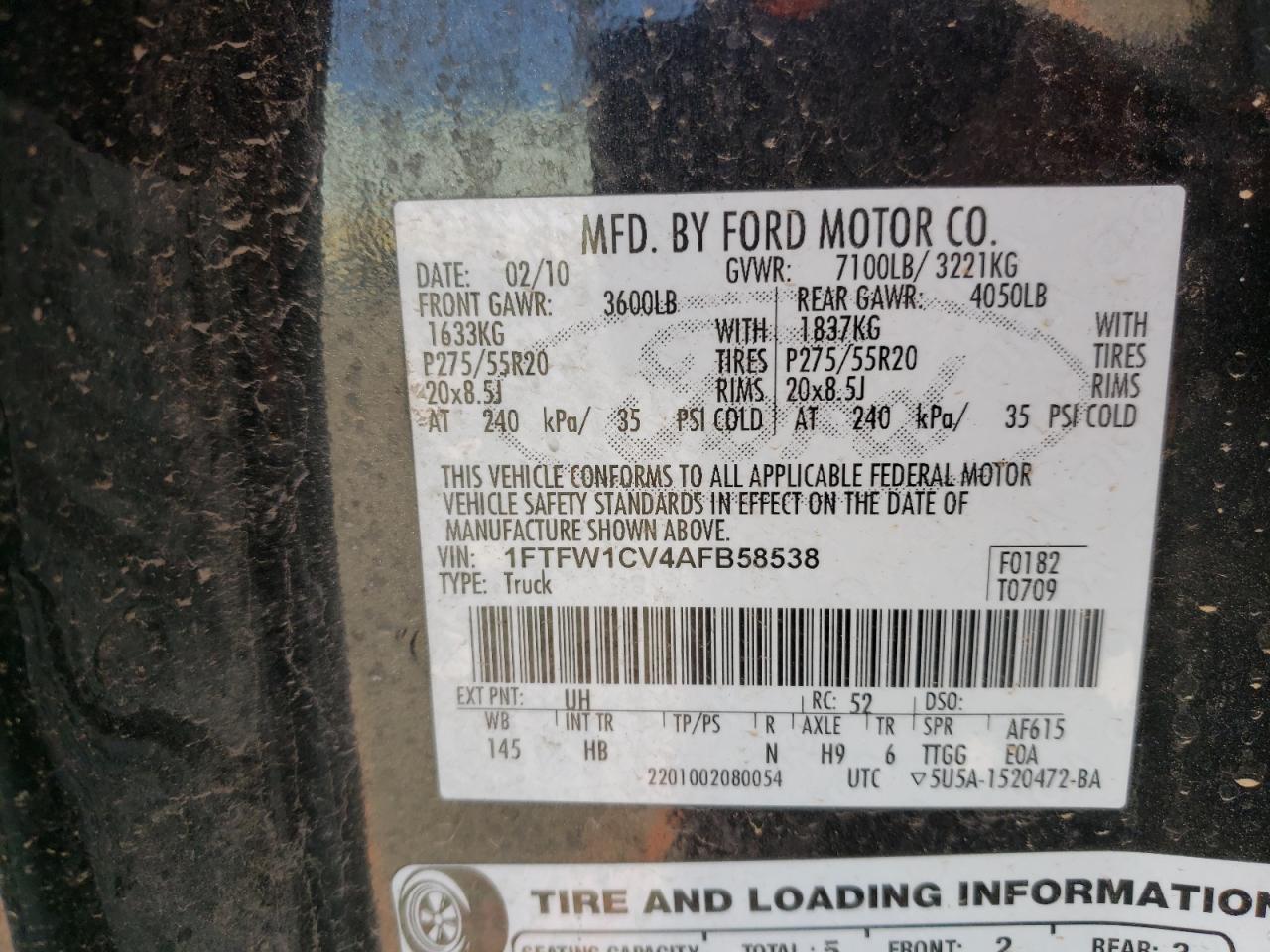 Photo 10 from auction – 2010 FORD F150 SUPER with VIN 1FTFW1CV4AFB58538
