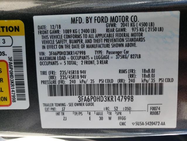 Photo 10 from auction – 2019 FORD FUSION SE with VIN 3FA6P0HD3KR147998