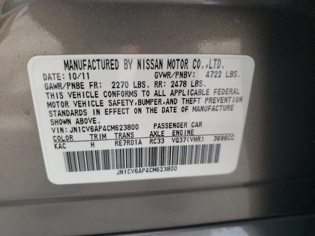 Photo 10 from auction – 2012 INFINITI G37 BASE with VIN JN1CV6AP4CM623800