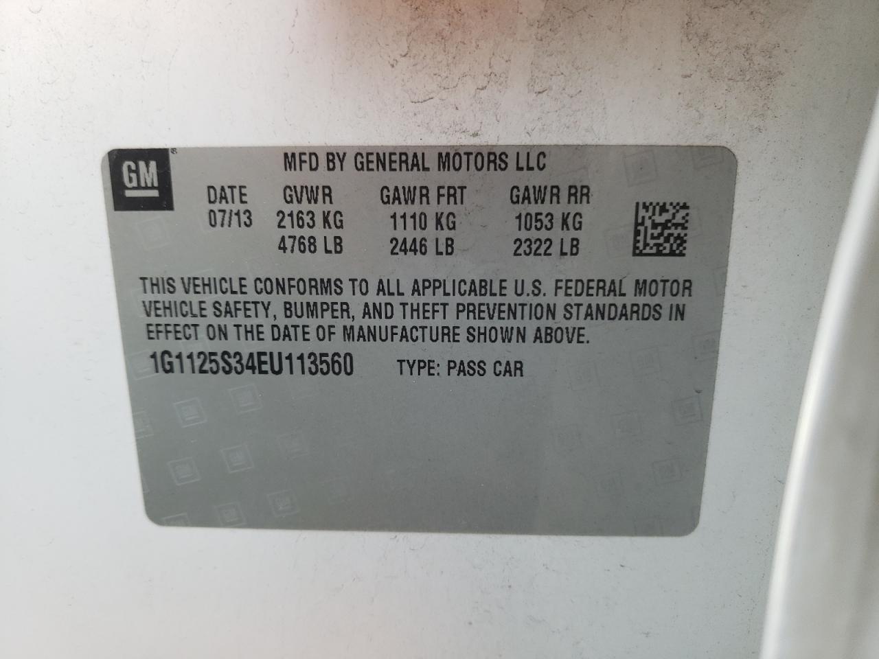 Photo 10 from auction – 2014 CHEVROLET IMPALA LT with VIN 1G1125S34EU113560