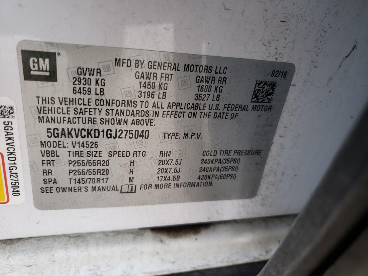 Photo 10 from auction – 2016 BUICK ENCLAVE with VIN 5GAKVCKD1GJ275040