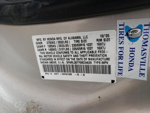 Photo 10 from auction – 2006 HONDA ODYSSEY EX with VIN 5FNRL38776B034626