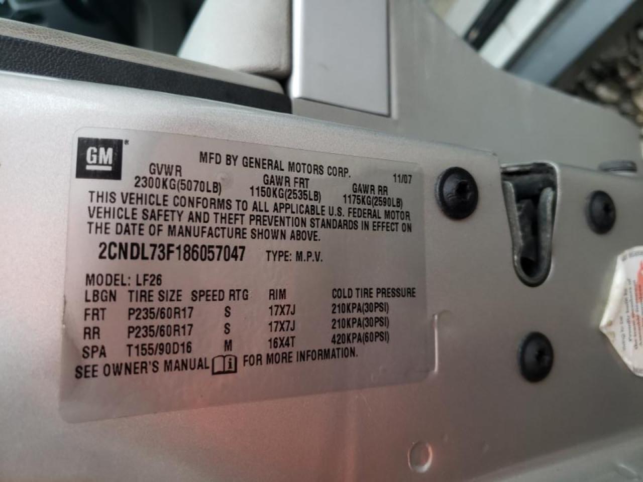 Photo 10 from auction – 2008 CHEVROLET EQUINOX with VIN 2CNDL73F186057047