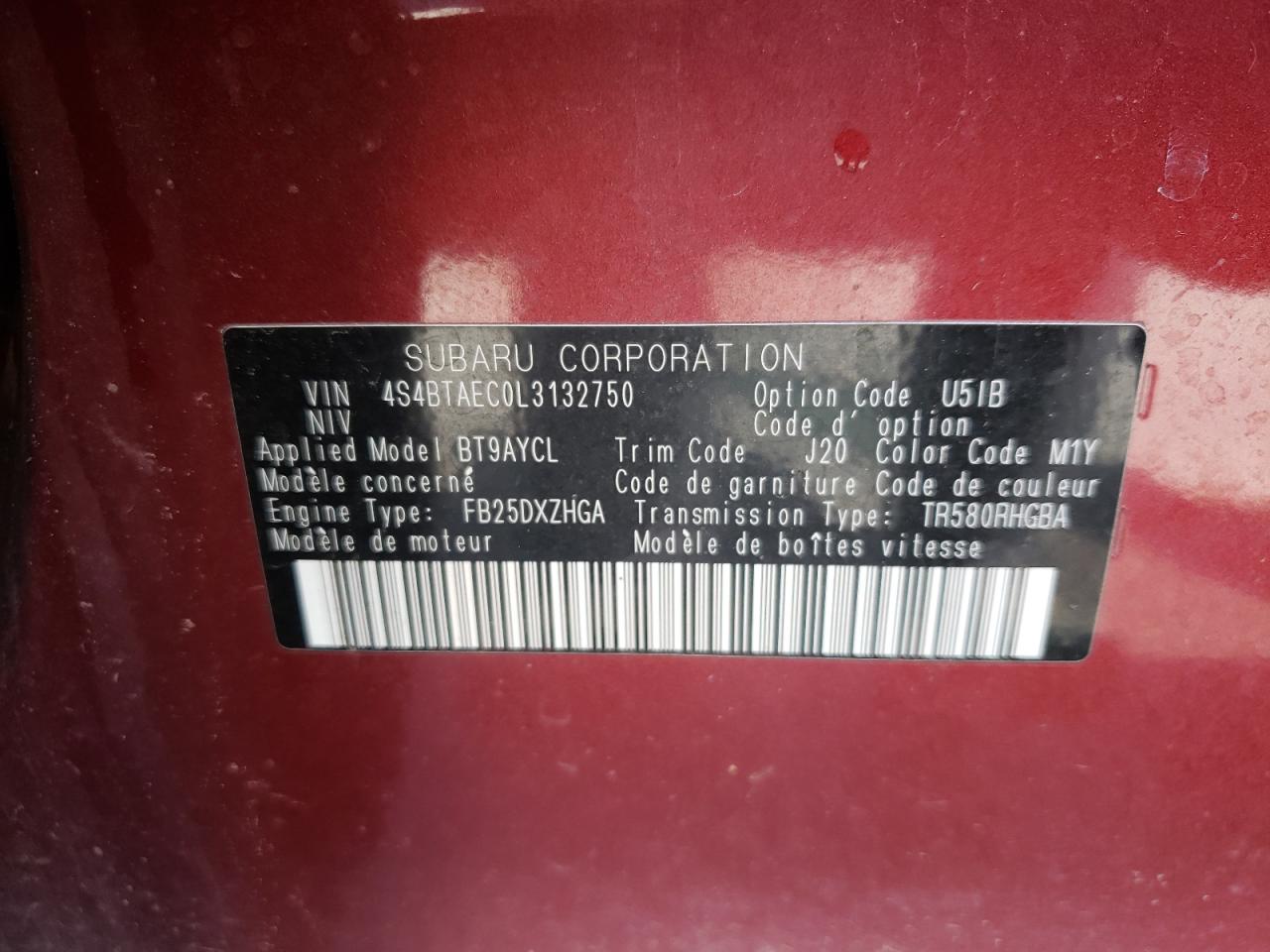 Photo 10 from auction – 2020 SUBARU OUTBACK PR with VIN 4S4BTAEC0L3132750