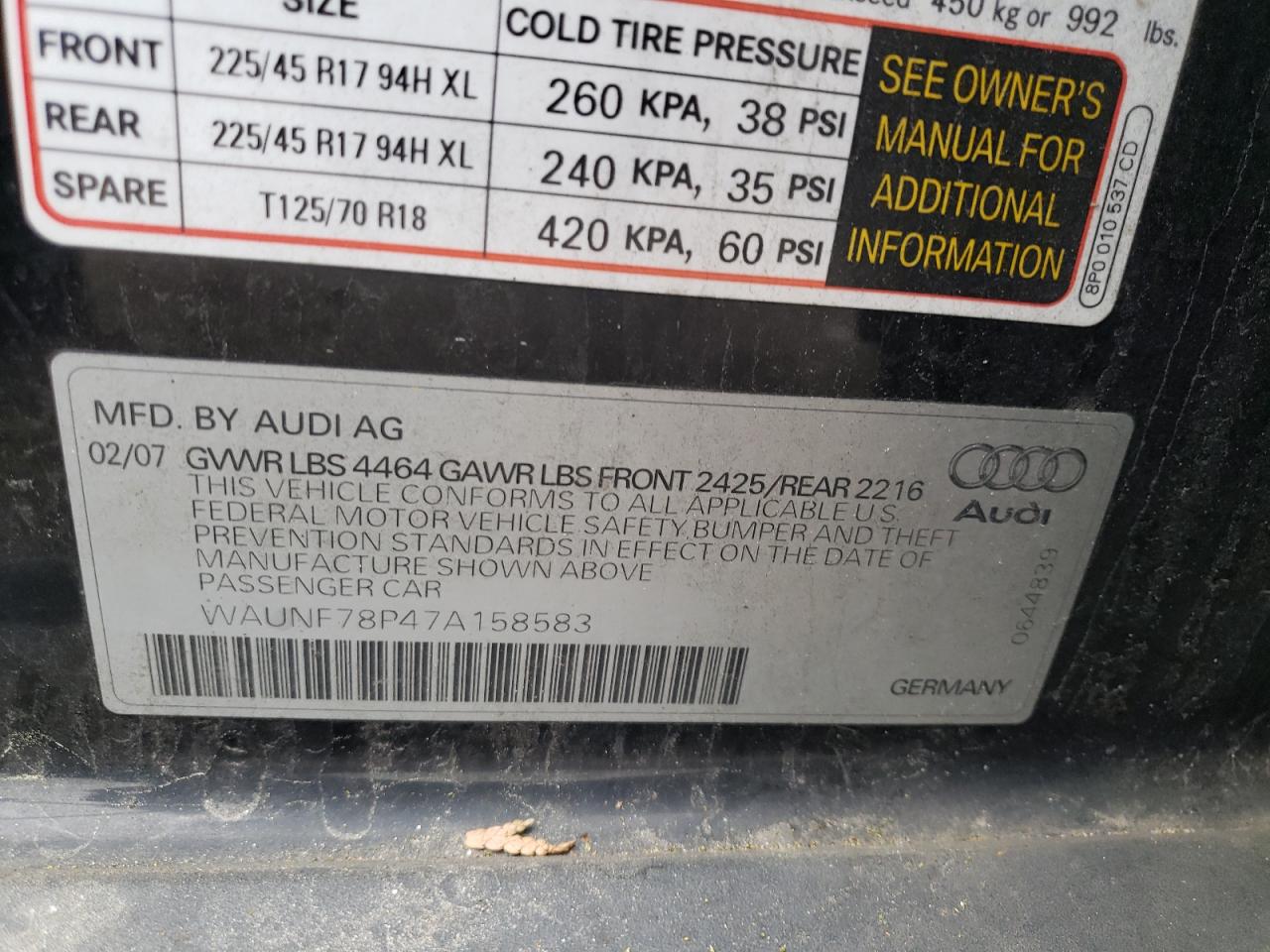 Photo 10 from auction – 2007 AUDI A3 2.0 PRE with VIN WAUNF78P47A158583