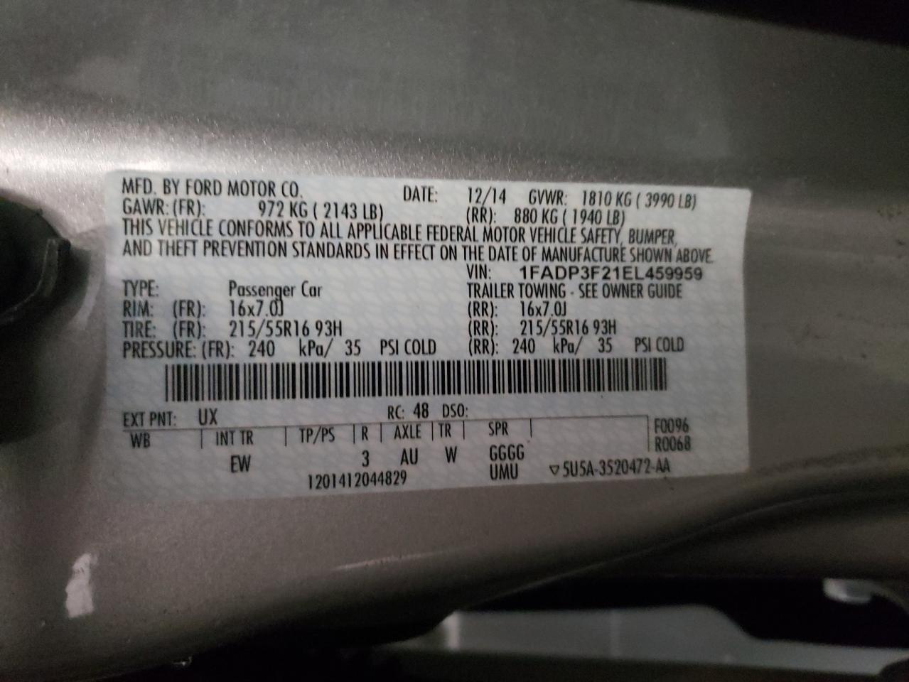 Photo 10 from auction – 2014 FORD FOCUS SE with VIN 1FADP3F21EL459959