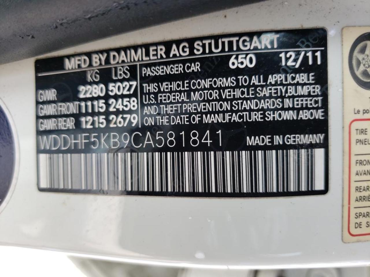 Photo 10 from auction – 2012 MERCEDES-BENZ E 350 with VIN WDDHF5KB9CA581841