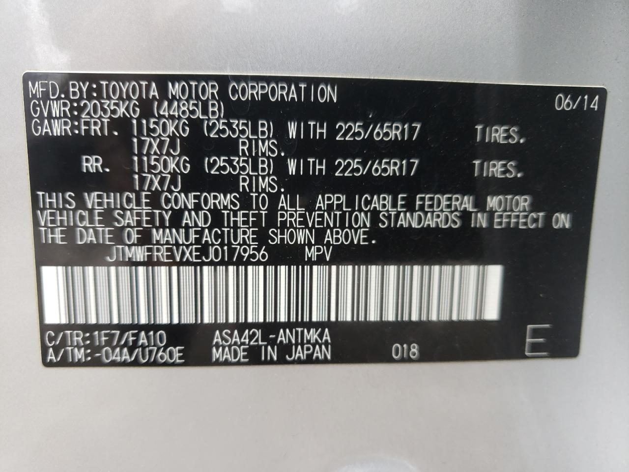 Photo 10 from auction – 2014 TOYOTA RAV4 XLE with VIN JTMWFREVXEJ017956