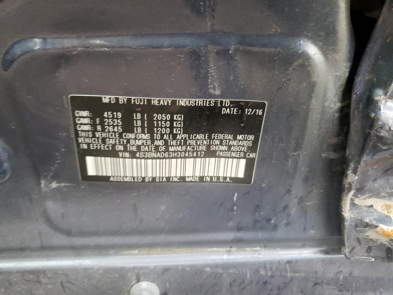 Photo 10 from auction – 2017 SUBARU LEGACY 2.5 with VIN 4S3BNAD63H3045412
