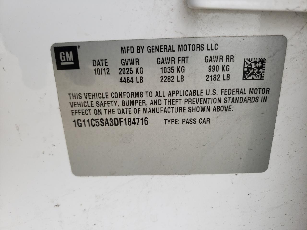 Photo 10 from auction – 2013 CHEVROLET MALIBU 1LT with VIN 1G11C5SA3DF184716