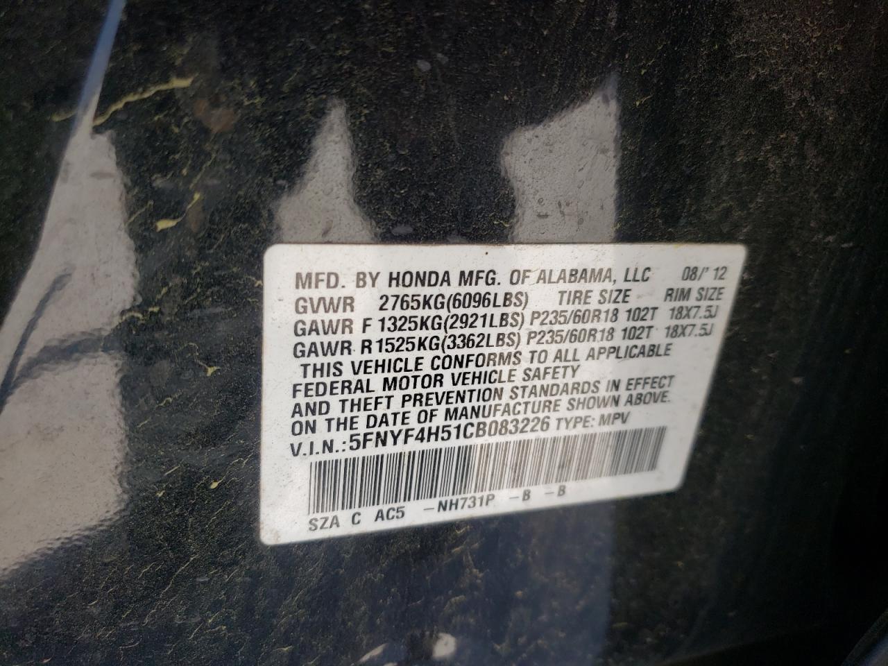 Photo 10 from auction – 2012 HONDA PILOT EXL with VIN 5FNYF4H51CB083226