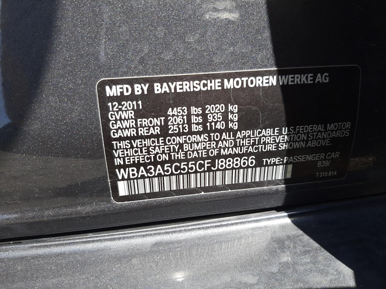 Photo 10 from auction – 2012 BMW 328 I with VIN WBA3A5C55CFJ88866