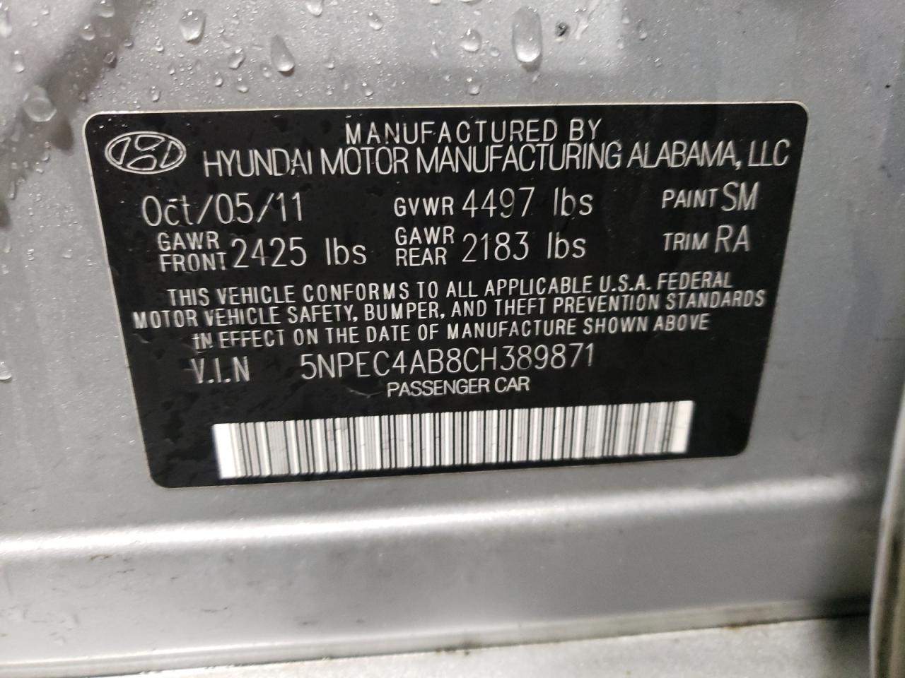Photo 10 from auction – 2012 HYUNDAI SONATA SE with VIN 5NPEC4AB8CH389871