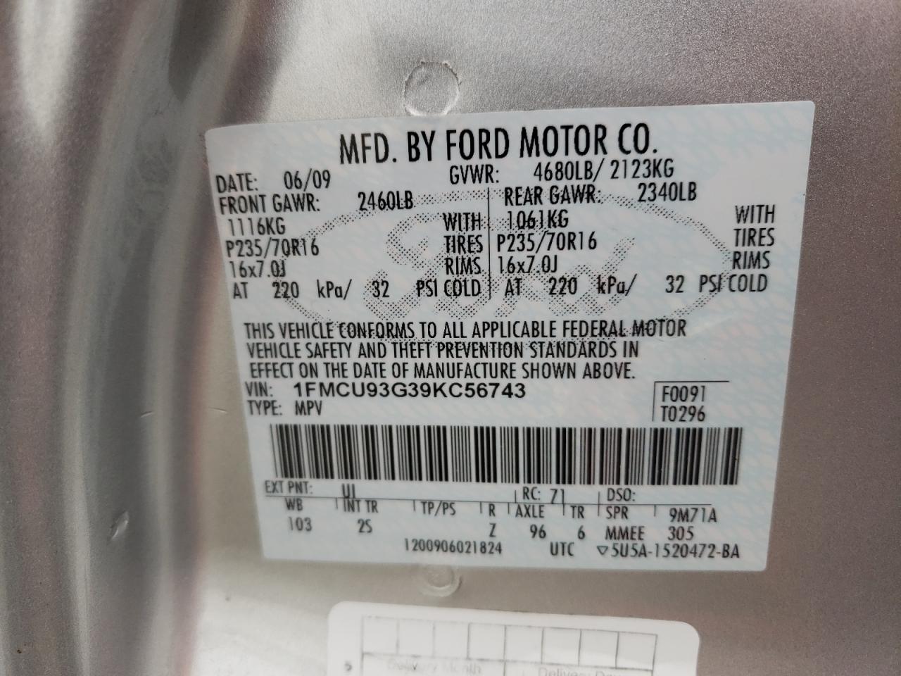 Photo 10 from auction – 2009 FORD ESCAPE XLT with VIN 1FMCU93G39KC56743