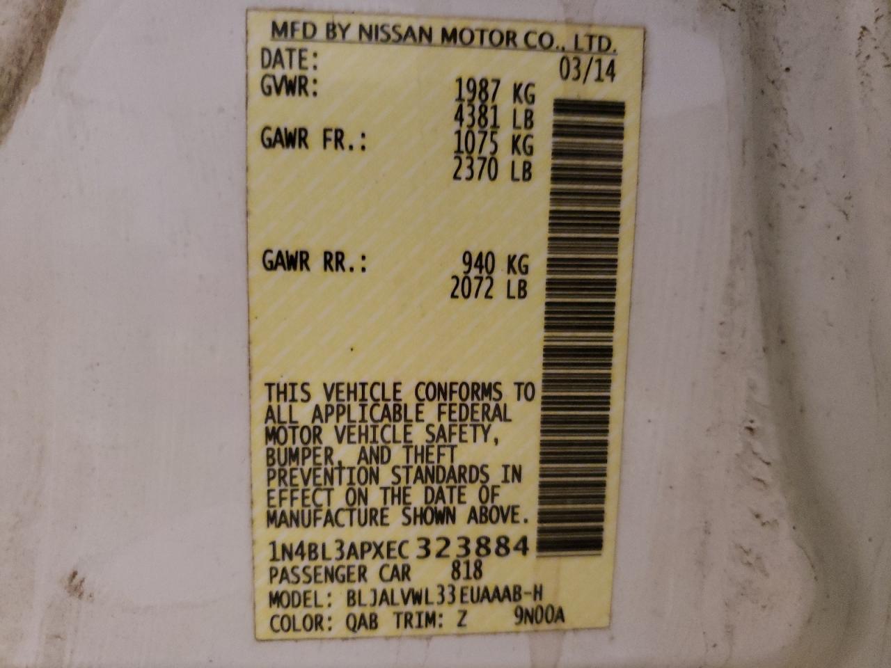 Photo 10 from auction – 2014 NISSAN ALTIMA 3.5 with VIN 1N4BL3APXEC323884