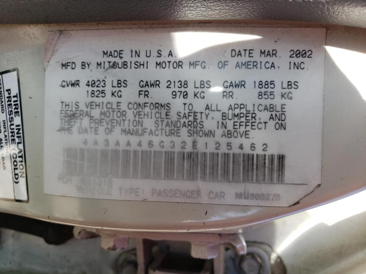 Photo 10 from auction – 2002 MITSUBISHI GALANT ES with VIN 4A3AA46G32E125462