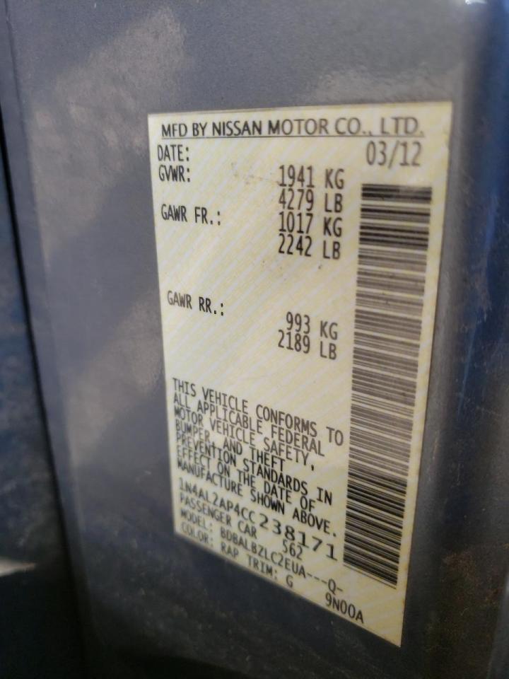 Photo 10 from auction – 2012 NISSAN ALTIMA BAS with VIN 1N4AL2AP4CC238171