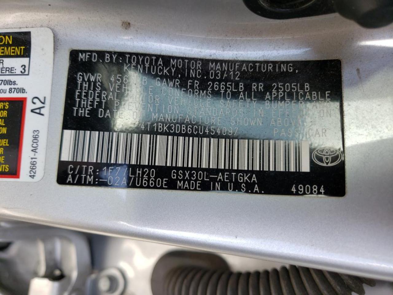 Photo 10 from auction – 2012 TOYOTA AVALON BAS with VIN 4T1BK3DB6CU454097