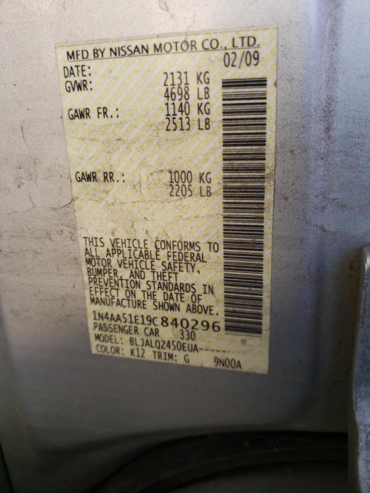 Photo 10 from auction – 2009 NISSAN MAXIMA S with VIN 1N4AA51E19C840296