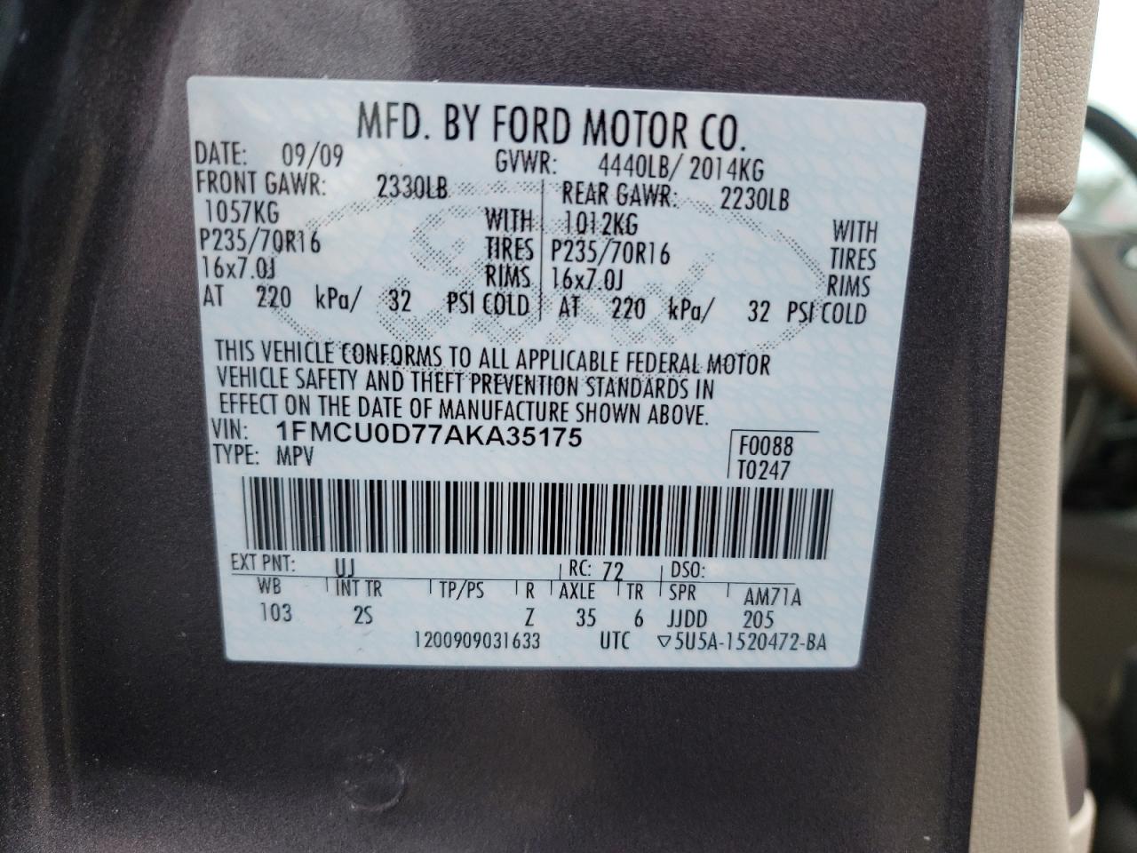 Photo 10 from auction – 2010 FORD ESCAPE XLT with VIN 1FMCU0D77AKA35175