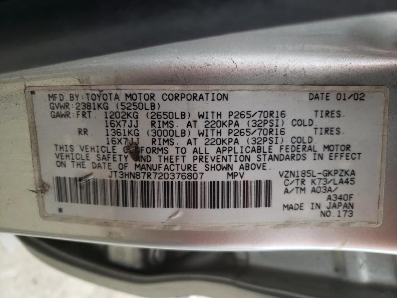 Photo 10 from auction – 2002 TOYOTA 4RUNNER LI with VIN JT3HN87R720376807