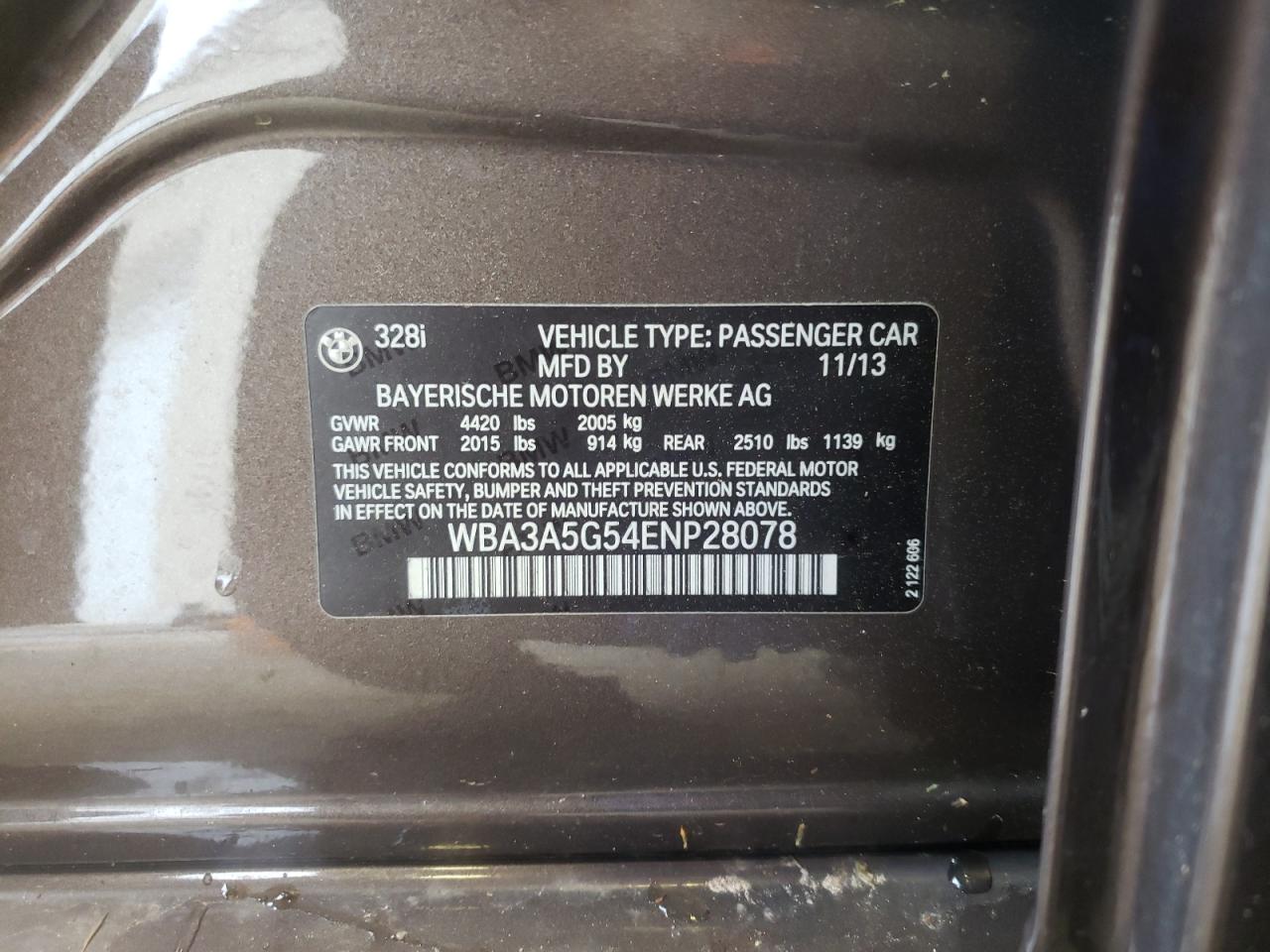 Photo 10 from auction – 2014 BMW 328 I with VIN WBA3A5G54ENP28078
