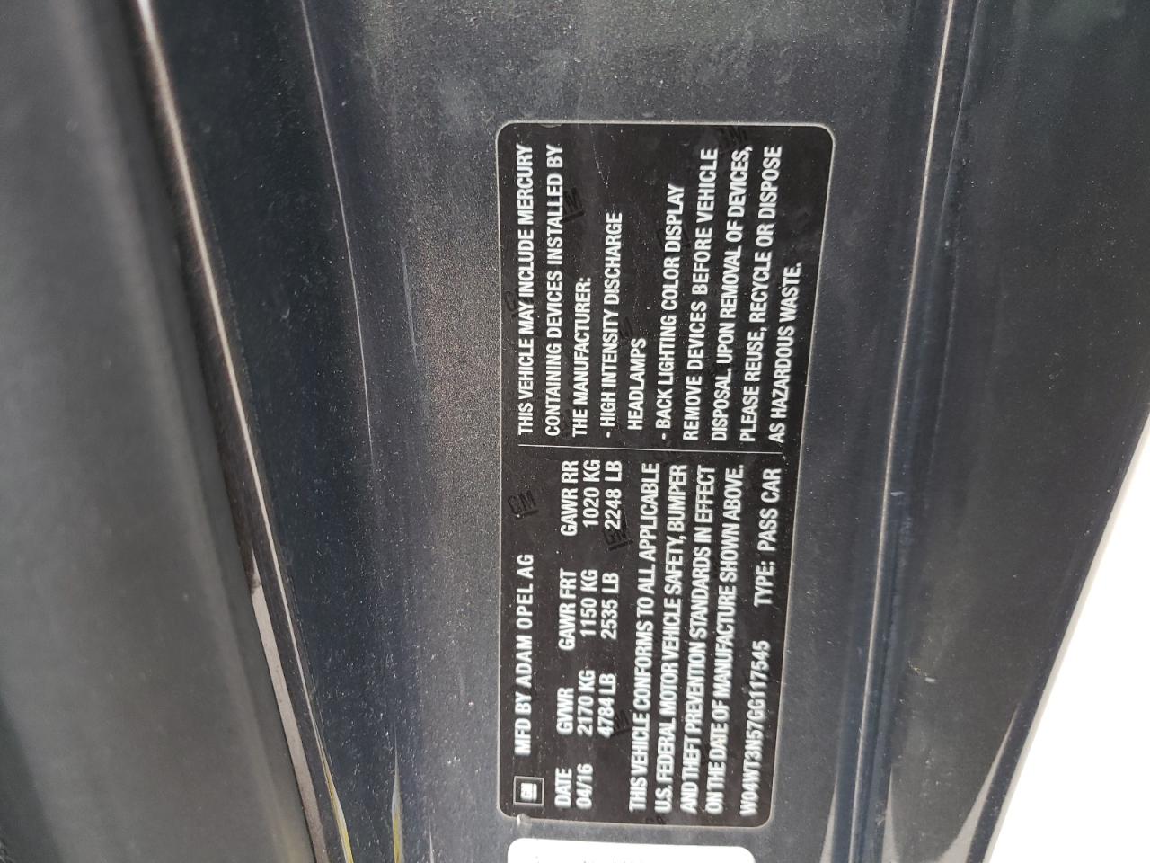 Photo 10 from auction – 2016 BUICK CASCADA PR with VIN W04WT3N57GG117545
