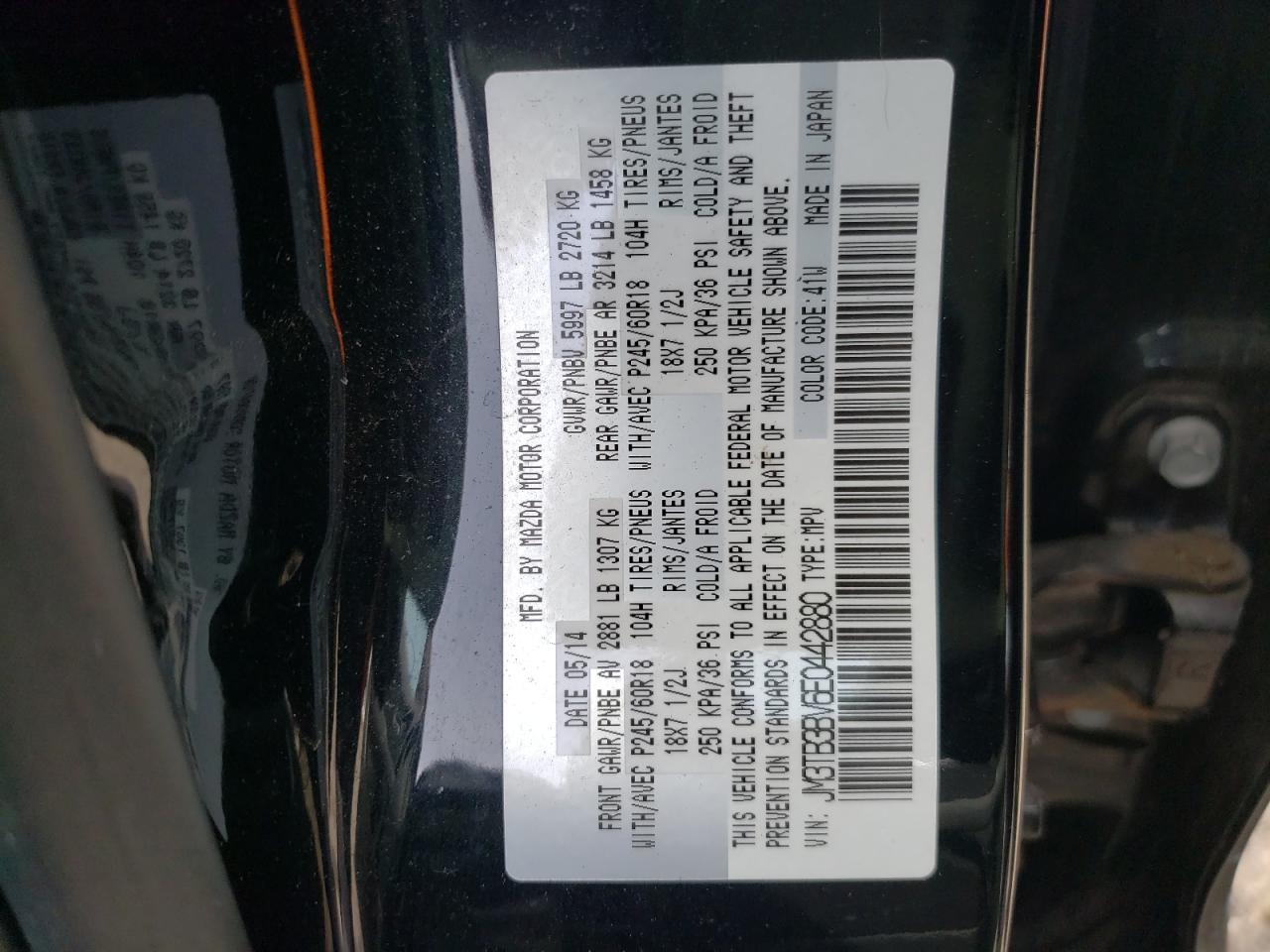 Photo 10 from auction – 2014 MAZDA CX-9 SPORT with VIN JM3TB3BV6E0442880