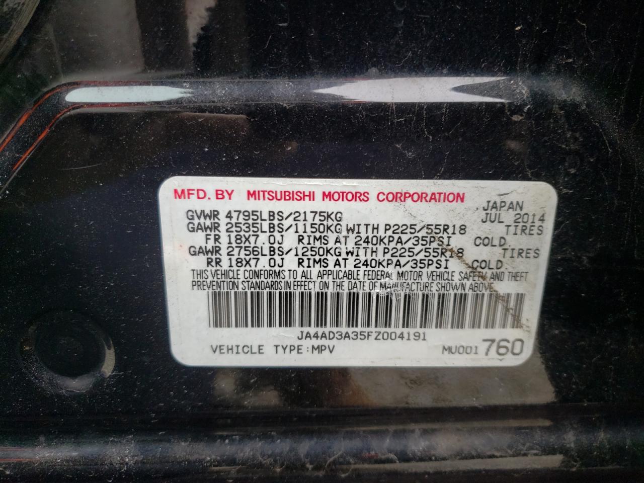 Photo 10 from auction – 2015 MITSUBISHI OUTLANDER with VIN JA4AD3A35FZ004191