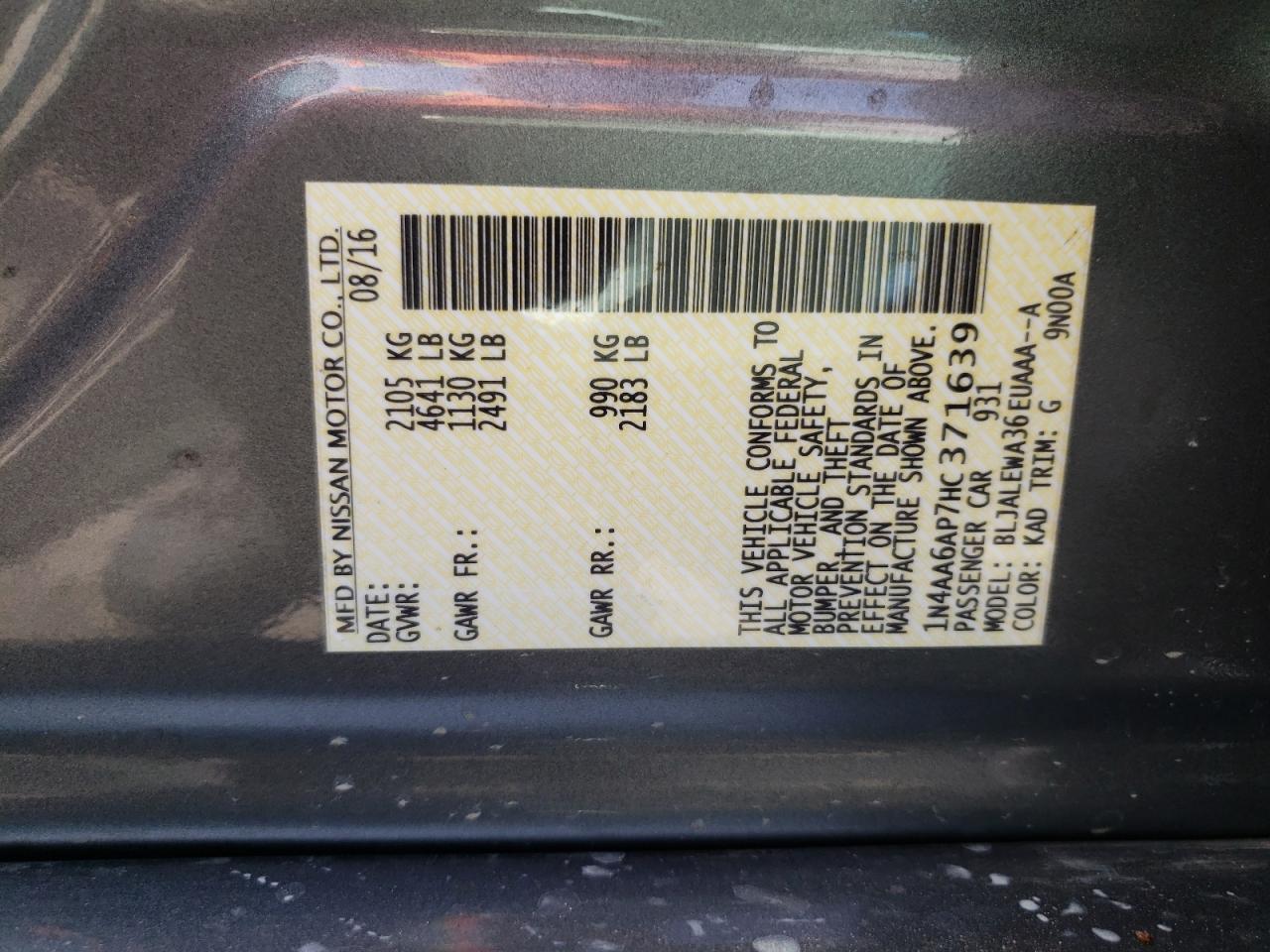 Photo 10 from auction – 2017 NISSAN MAXIMA 3.5 with VIN 1N4AA6AP7HC371639