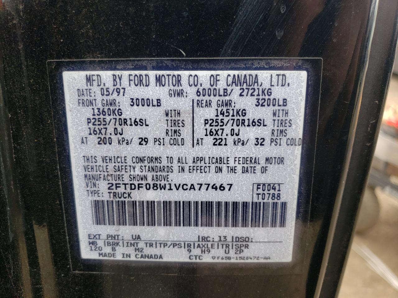 Photo 10 from auction – 1997 FORD F150 with VIN 2FTDF08W1VCA77467