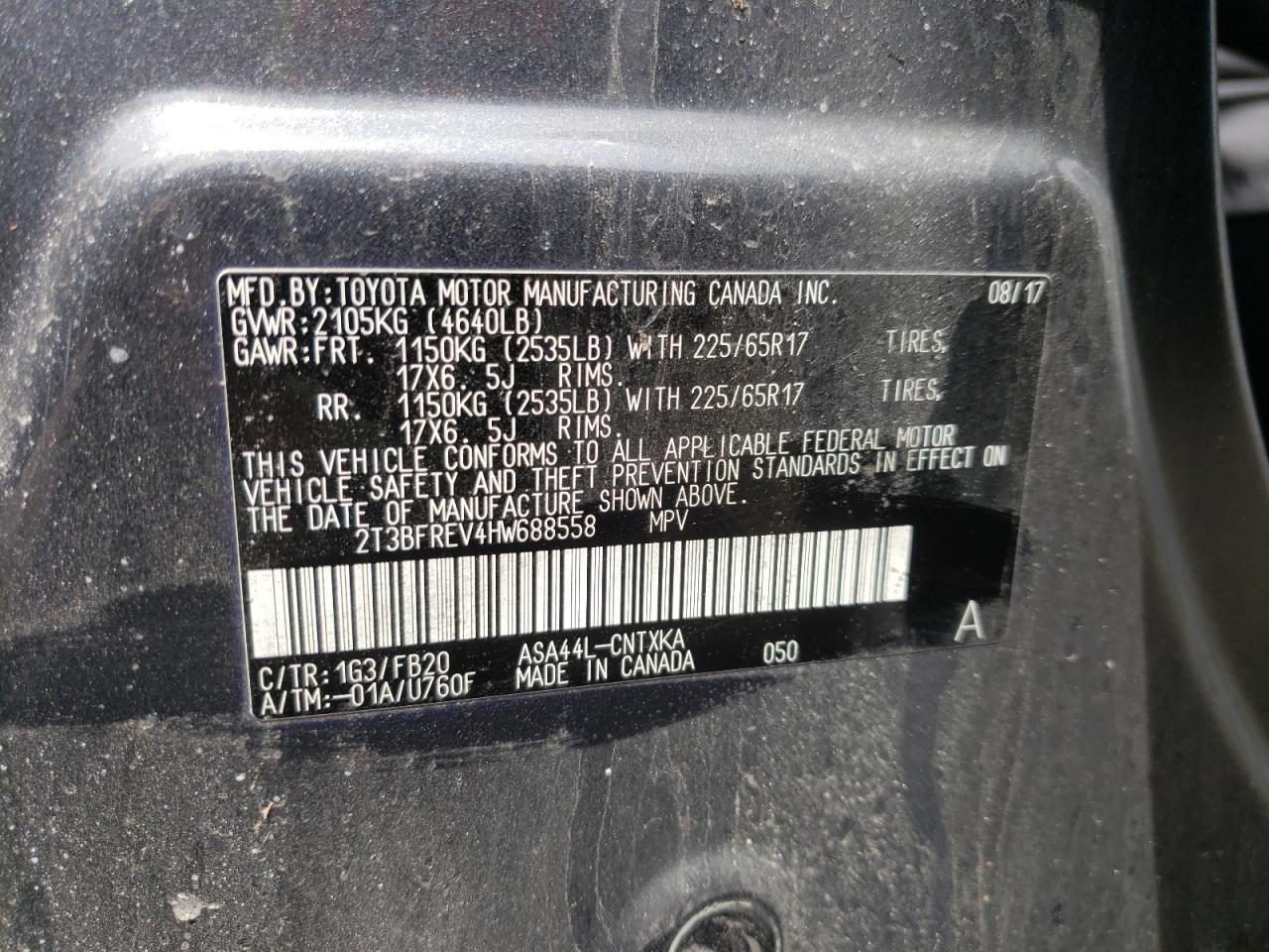 Photo 10 from auction – 2017 TOYOTA RAV4 LE with VIN 2T3BFREV4HW688558