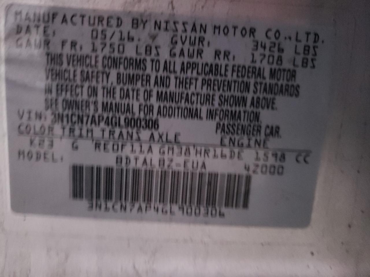 Photo 10 from auction – 2016 NISSAN VERSA S with VIN 3N1CN7AP4GL900306