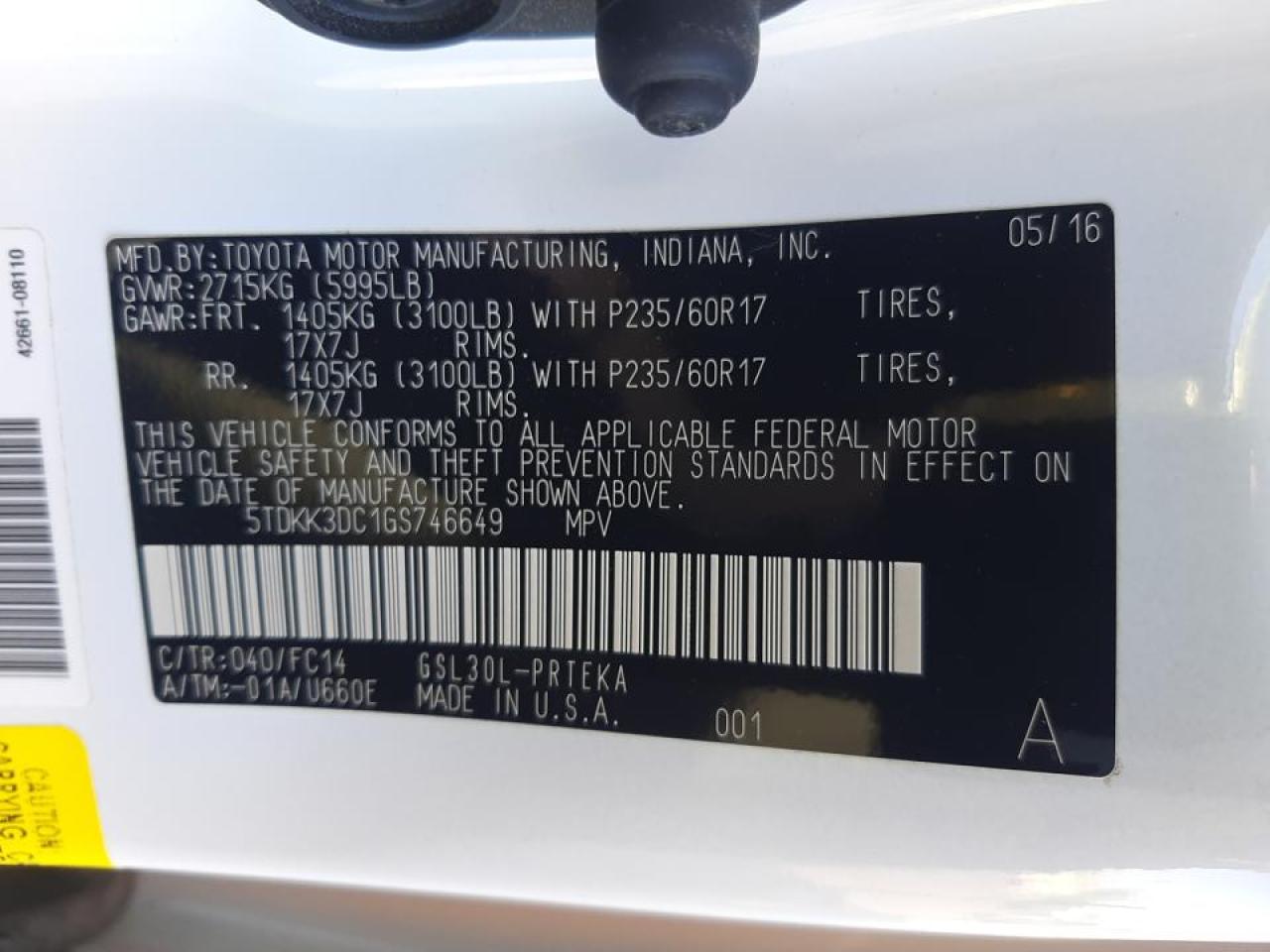 Photo 10 from auction – 2016 TOYOTA SIENNA LE with VIN 5TDKK3DC1GS746649