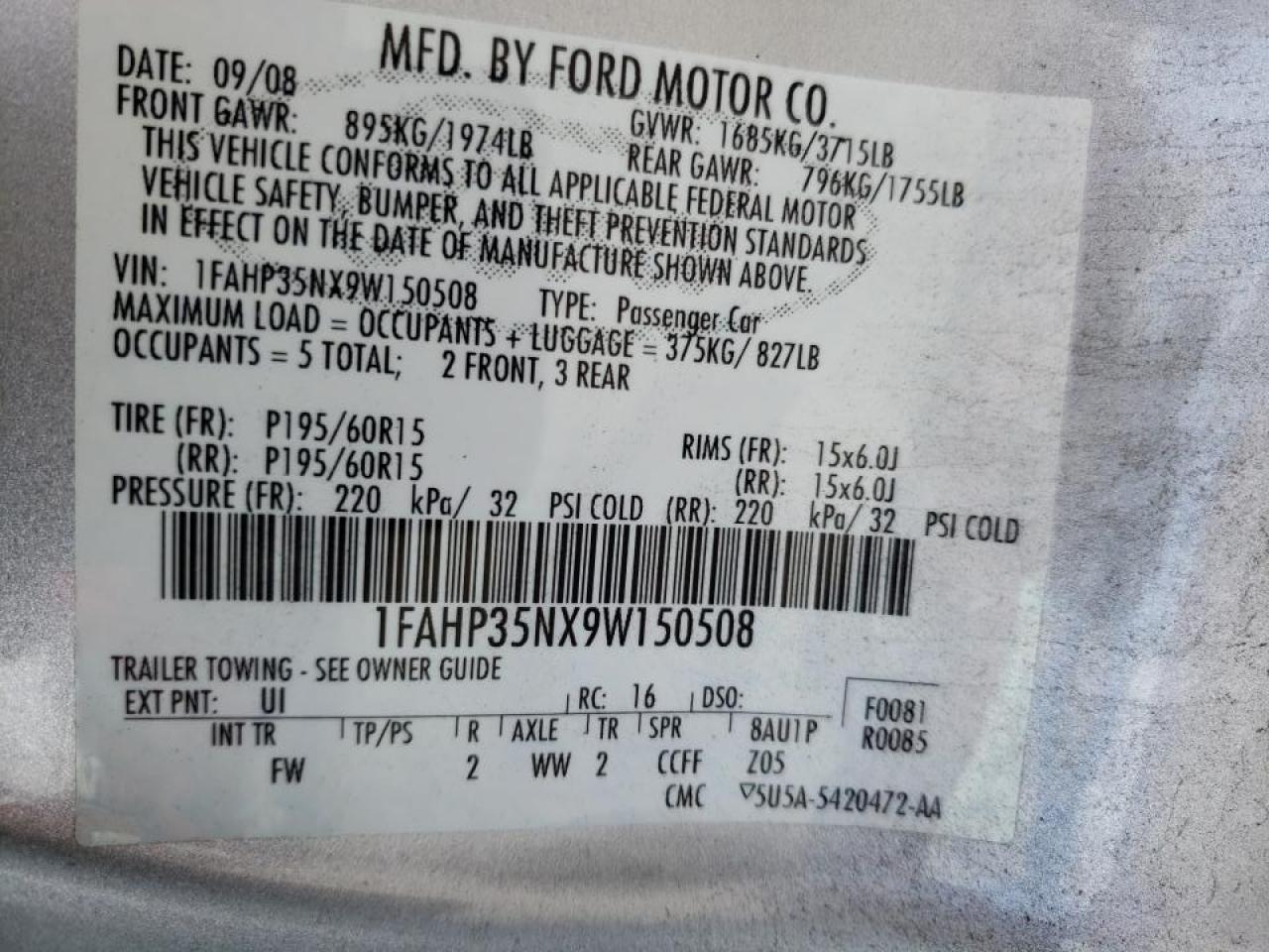 Photo 10 from auction – 2009 FORD FOCUS SE with VIN 1FAHP35NX9W150508